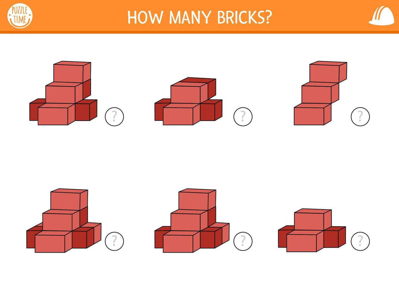 3d counting construction site game with bricks. Math and logical activity for preschool kids with building material. Educational counting worksheet. How many blocks printable page for spatial thinking vector