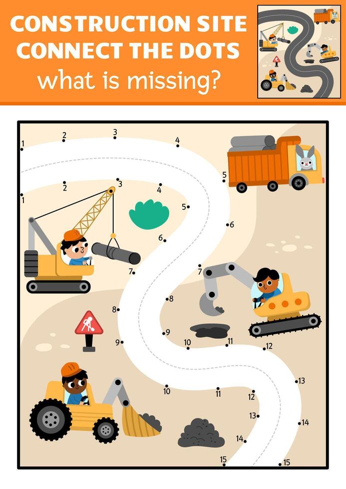 dot-to-dot and color activity colored road repair, construction site scene. Building works connect the dots game for children with industrial vehicles. What is missing printable worksheet vector