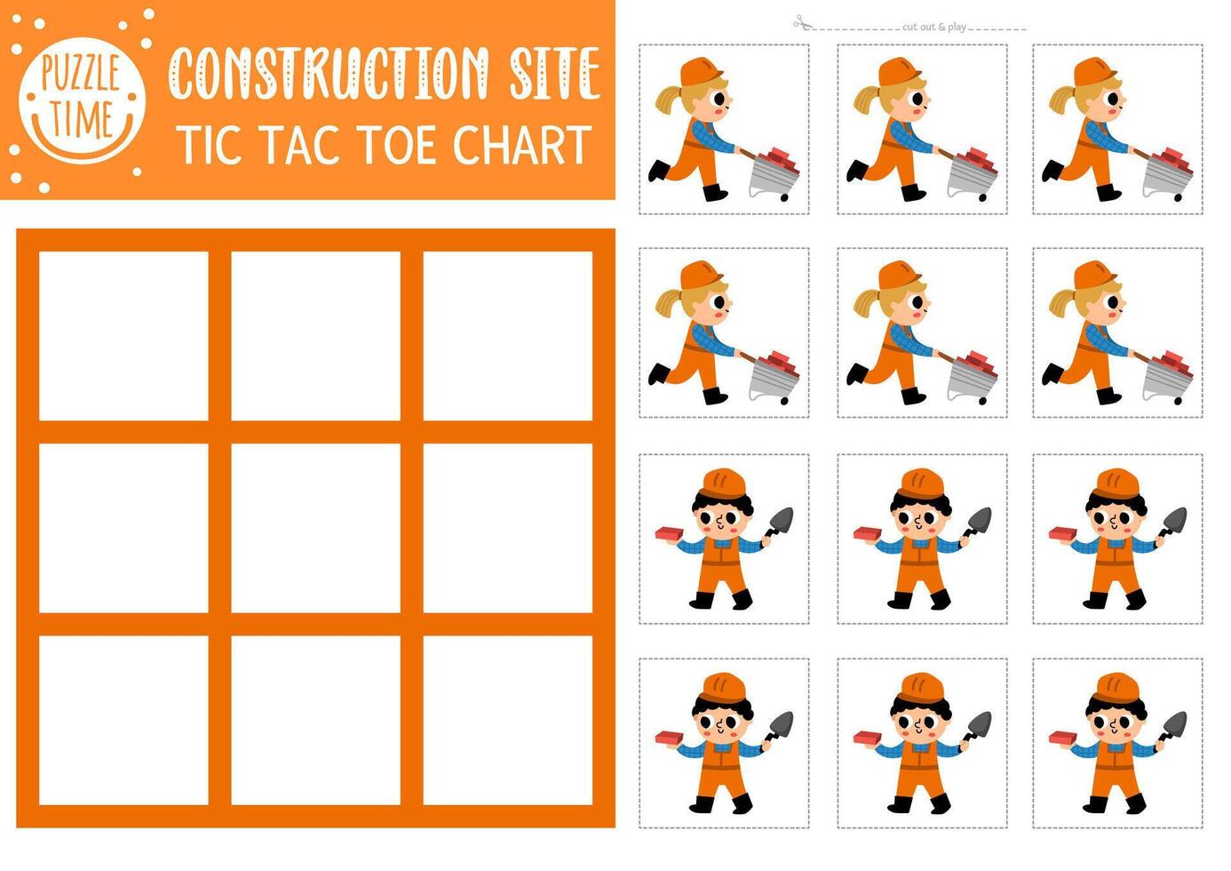 construction site tic tac toe chart with boy and girl workers. Building works board game playing field with cute character with wheelbarrow. Funny printable worksheet. Noughts and crosses grid vector