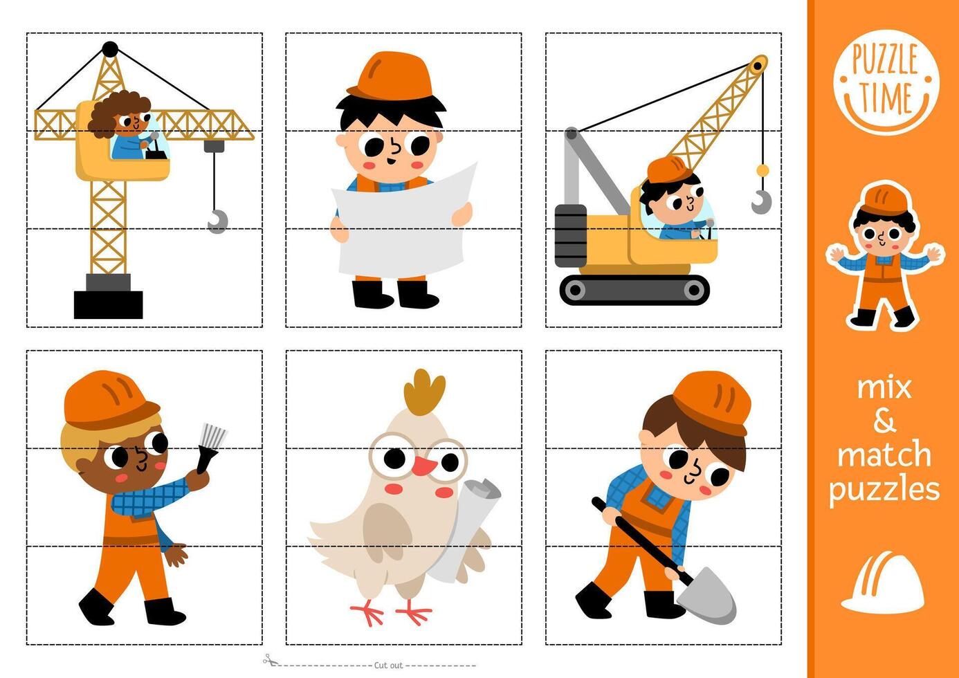 construction site mix and match puzzle with cute workers. Matching building works activity for preschool kids. Educational printable game with industrial vehicles and builders in hard hats vector