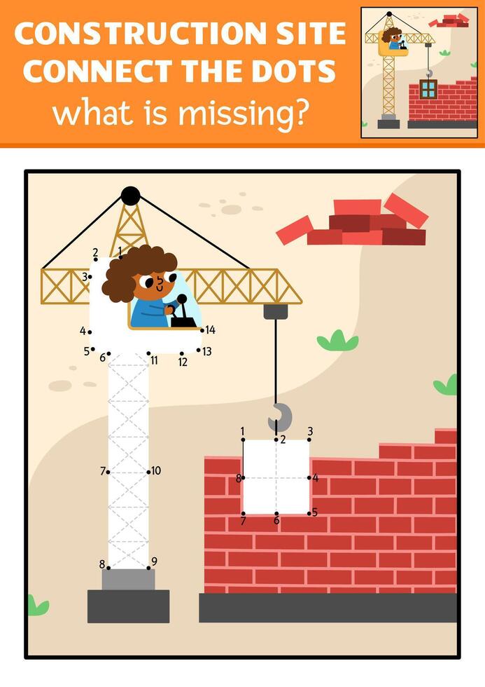 dot-to-dot and color activity with lifting crane, colored construction site scene. Building works connect the dots game for children with industrial machine. What is missing printable worksheet vector