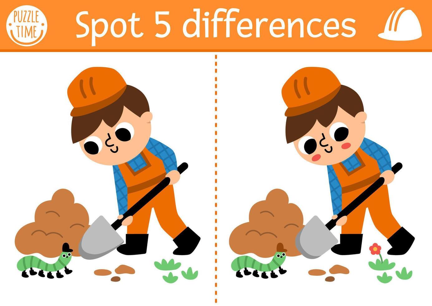 Find differences game for children. Construction site educational activity with boy digging pit. Cute puzzle for kids with funny worker. Printable worksheet or page for logic and attention skills vector