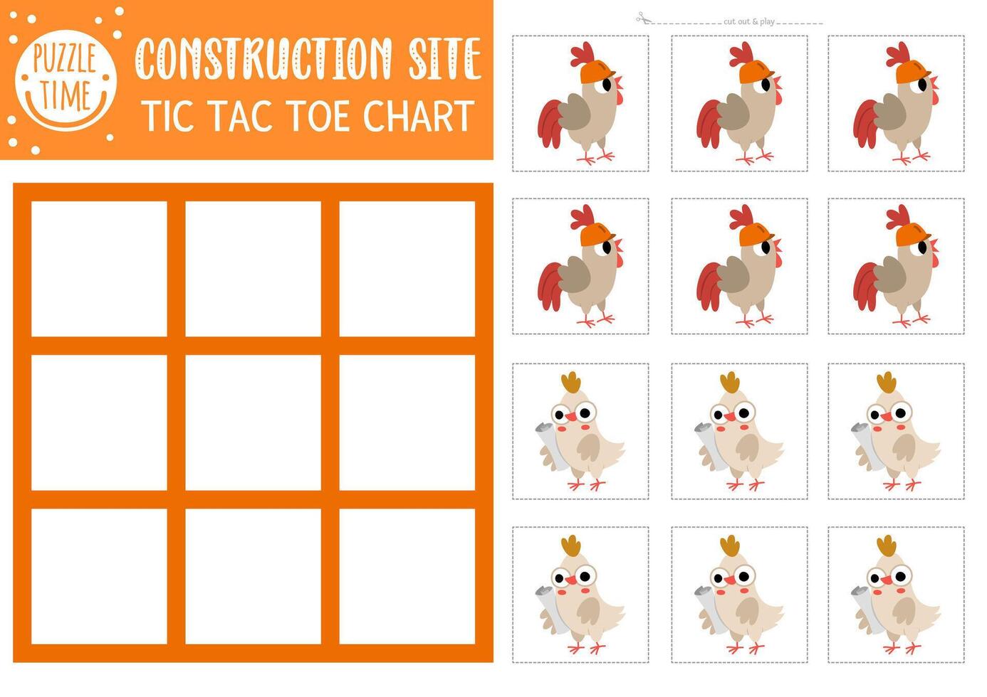 construction site tic tac toe chart with rooster and hen workers. Building works board game playing field with cute characters. Funny printable worksheet. Noughts and crosses grid vector