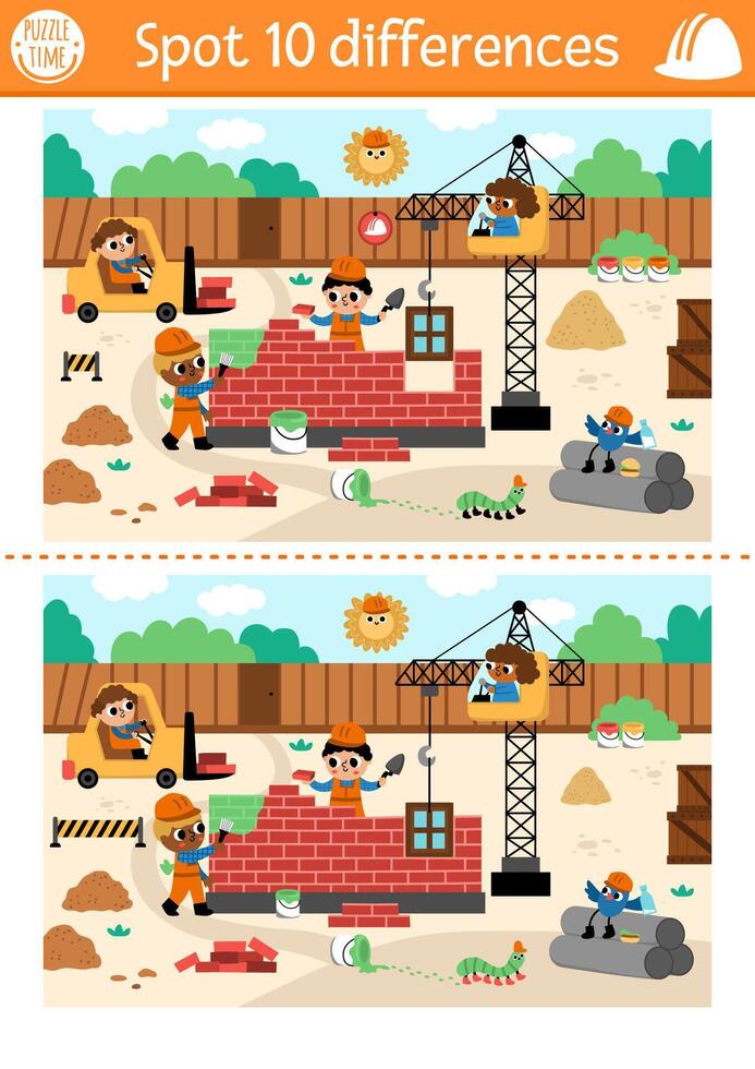 Find differences game for children. Educational activity with workers building brick wall. Cute puzzle for kids with funny builders. Printable worksheet or page with construction site scene vector