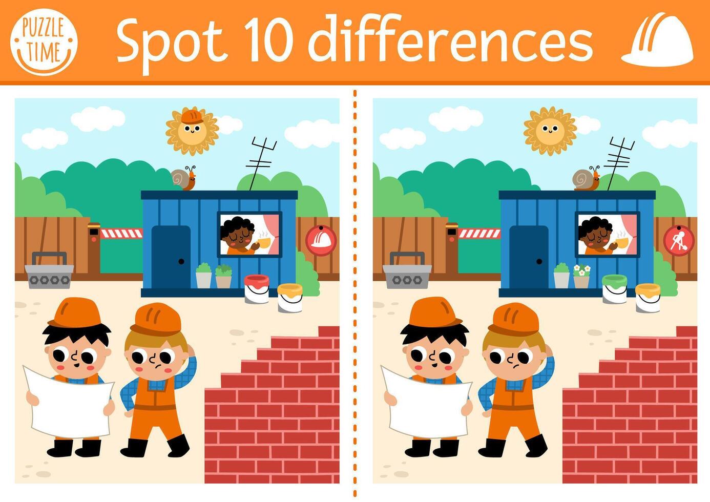 Find differences game for children. Educational activity with boy engineers and construction site scene. Cute puzzle for kids with funny worker. Printable worksheet or page for logic and attention vector