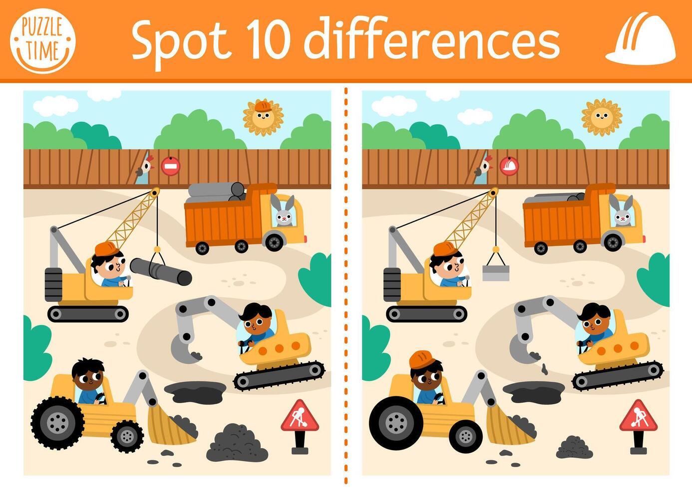 Find differences game for children. Educational activity with workers on vehicles repairing road. Cute puzzle for kids with builders. Printable worksheet or page with construction site scene vector