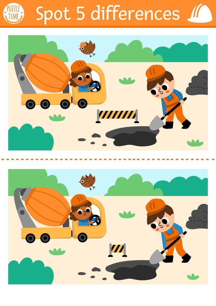 Find differences game for children. Construction site educational activity with boy digging pit and concrete mixer. Cute puzzle for kids with funny worker. Printable worksheet or page vector