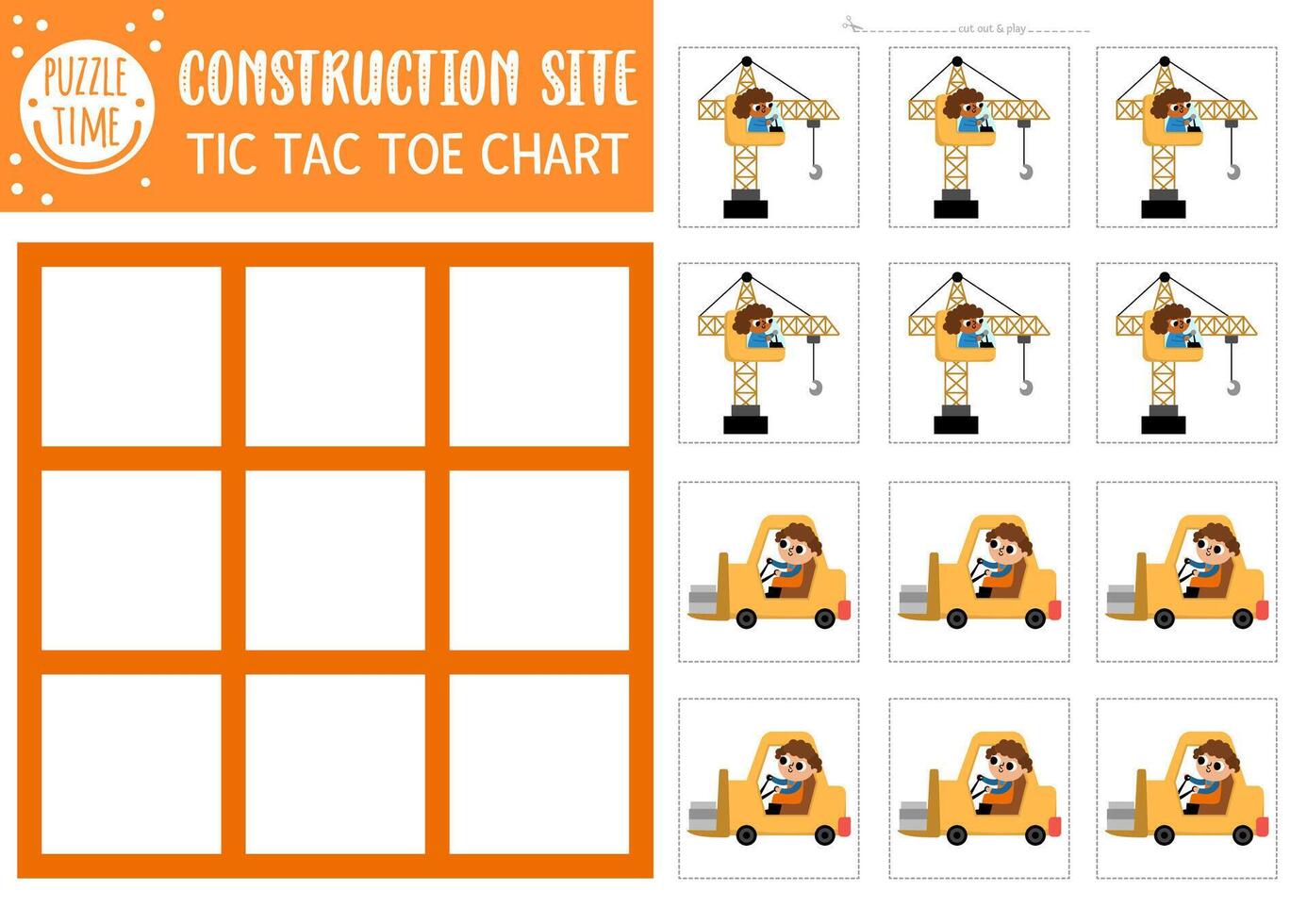 construction site tic tac toe chart with forklift and lifting crane with driver workers. Building works board game playing field. Funny printable worksheet. Noughts and crosses grid vector