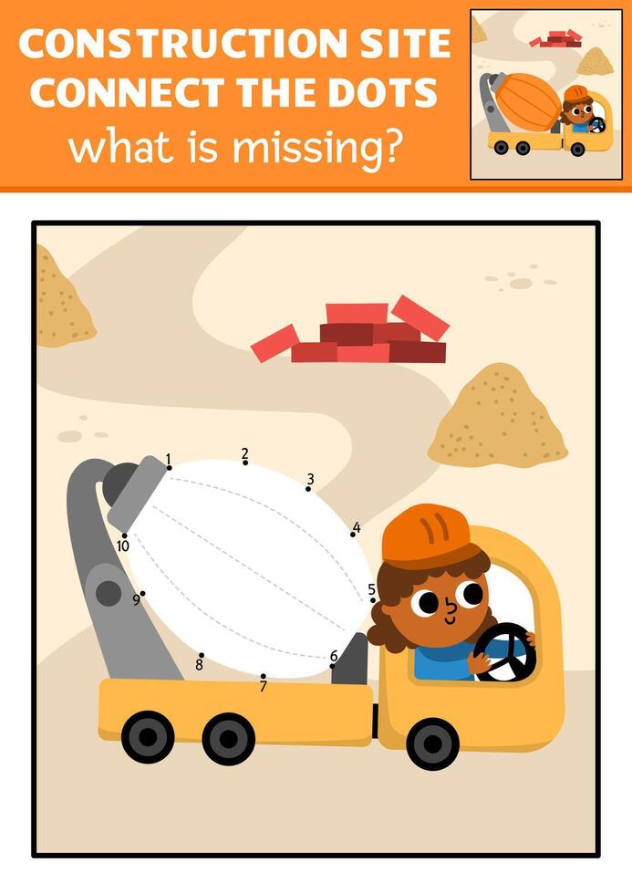 dot-to-dot and color activity with concrete mixer, colored construction site scene. Building works connect the dots game for children with industrial vehicle. What is missing printable worksheet vector