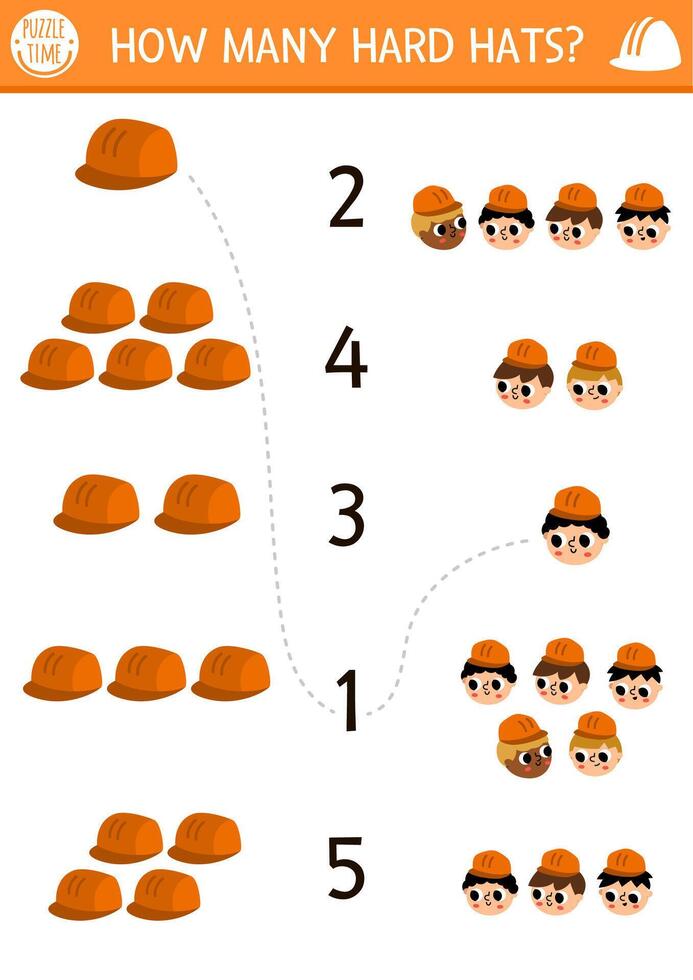 Match the numbers construction site game with builders and hard hats. Building works math activity for preschool kids. Repair service educational counting worksheet with helmets, uniform headwear vector