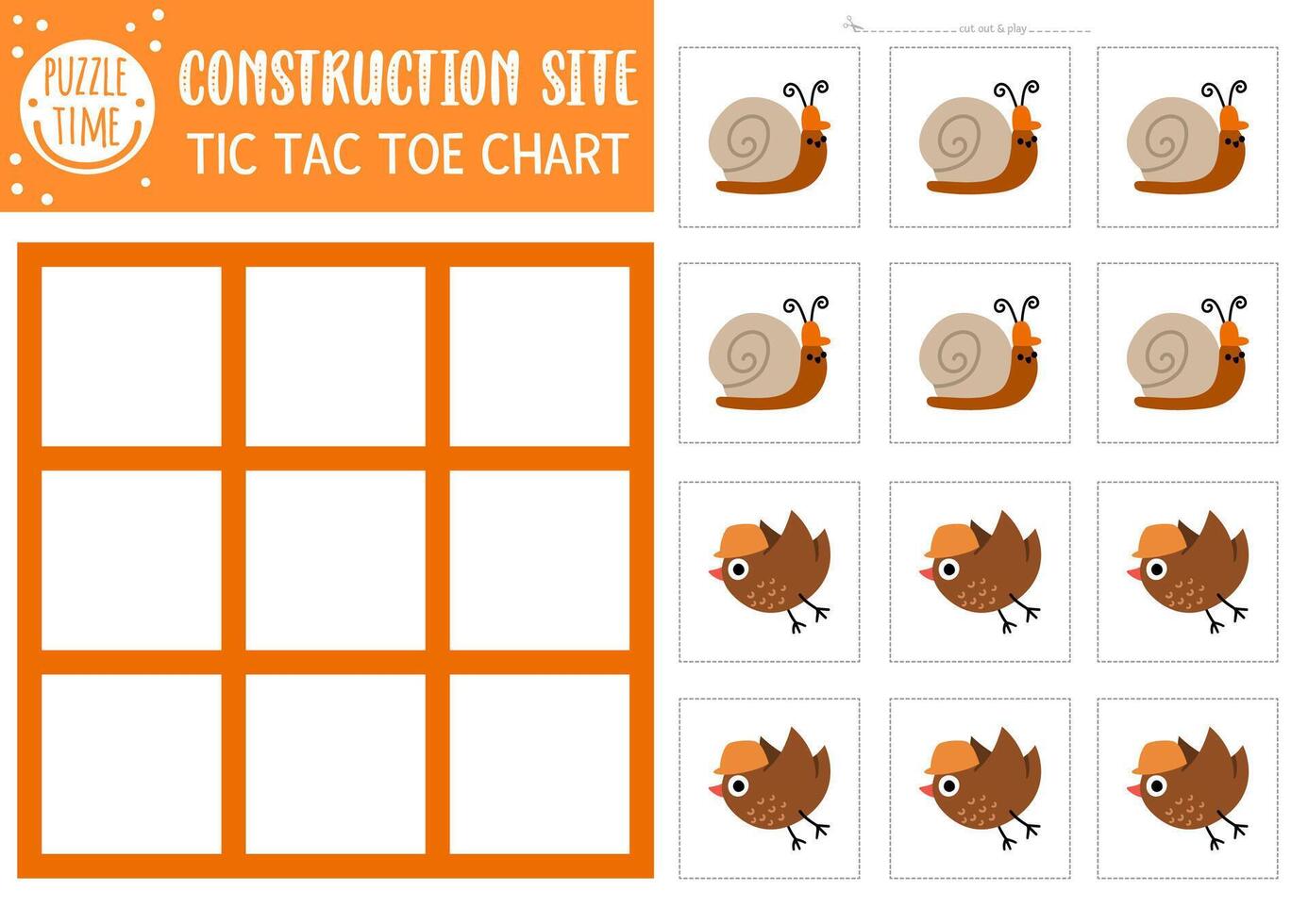 construction site tic tac toe chart with snail and bird workers in hard hats. Building works board game playing field with cute characters. Funny printable worksheet. Noughts and crosses grid vector
