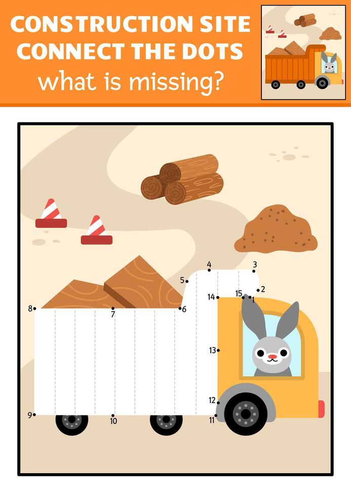 dot-to-dot and color activity with loaded truck, colored construction site scene. Building works connect the dots game for children with industrial vehicle. What is missing printable worksheet vector