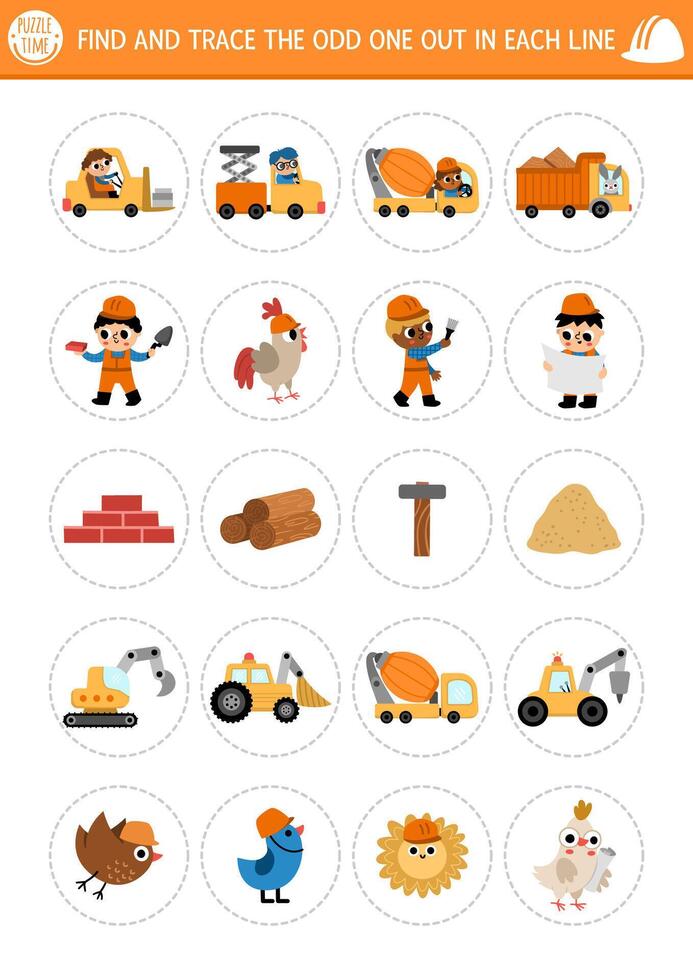 Find the odd one out. Construction site logical activity for kids. Building works educational quiz worksheet for attention skills. Printable game with vehicles, builders, tools, materials vector