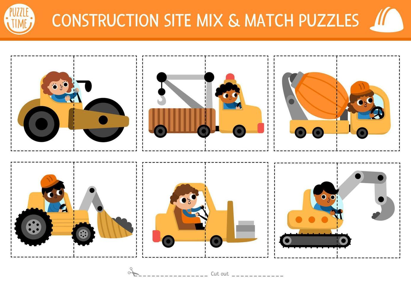 construction site mix and match puzzle with cute industrial vehicles. Matching building works activity for preschool kids. Educational printable game with bulldozer, excavator, truck, roller vector
