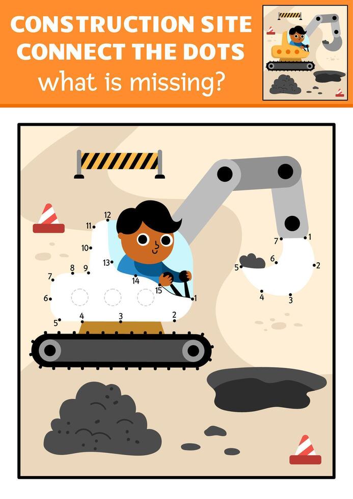 dot-to-dot and color activity with excavator, colored construction site scene. Building works connect the dots game for children with industrial vehicle. What is missing printable worksheet vector