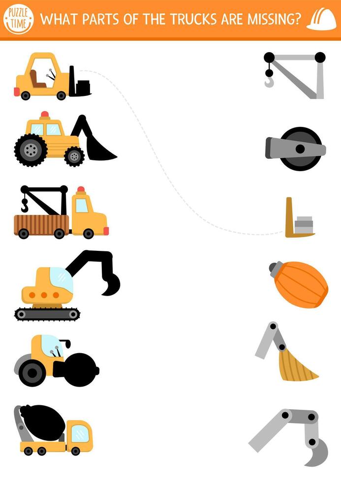 Construction site shadow matching activity with special technics and missing parts. Match silhouette game, printable worksheet. Repair service page or puzzle with truck, bulldozer, excavator vector