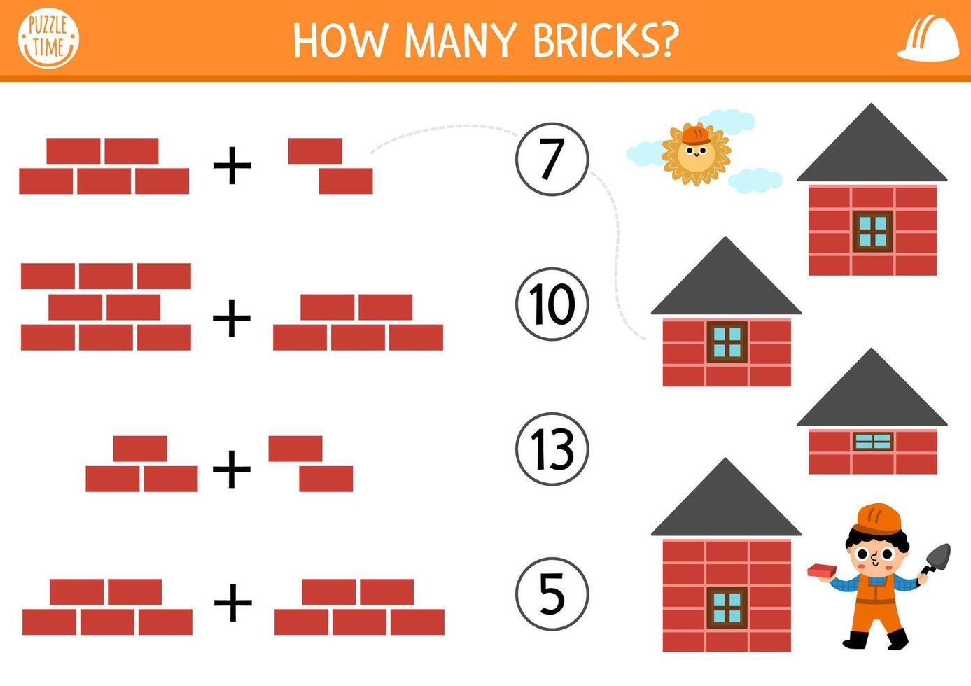 Match the numbers construction site game with builder and buildings. Math activity for preschool kids with worker. Educational counting worksheet. How many bricks in the house vector