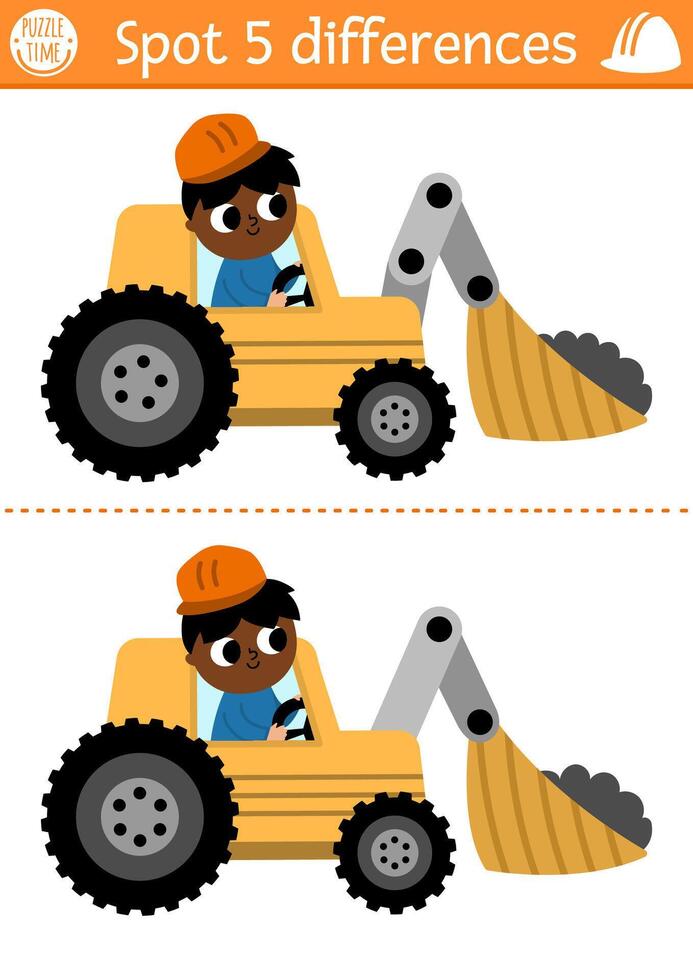 Find differences game for children. Construction site educational activity with boy driver in excavator. Cute puzzle for kids with funny worker. Printable worksheet or page with industrial vehicle vector