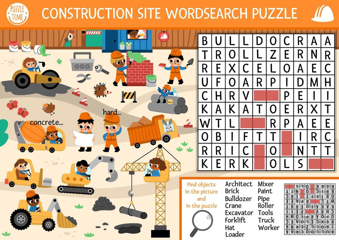 wordsearch puzzle for kids with construction site landscape. Word search quiz with workers, tools, industrial vehicles. Cute educational cross word activity with building works scene vector