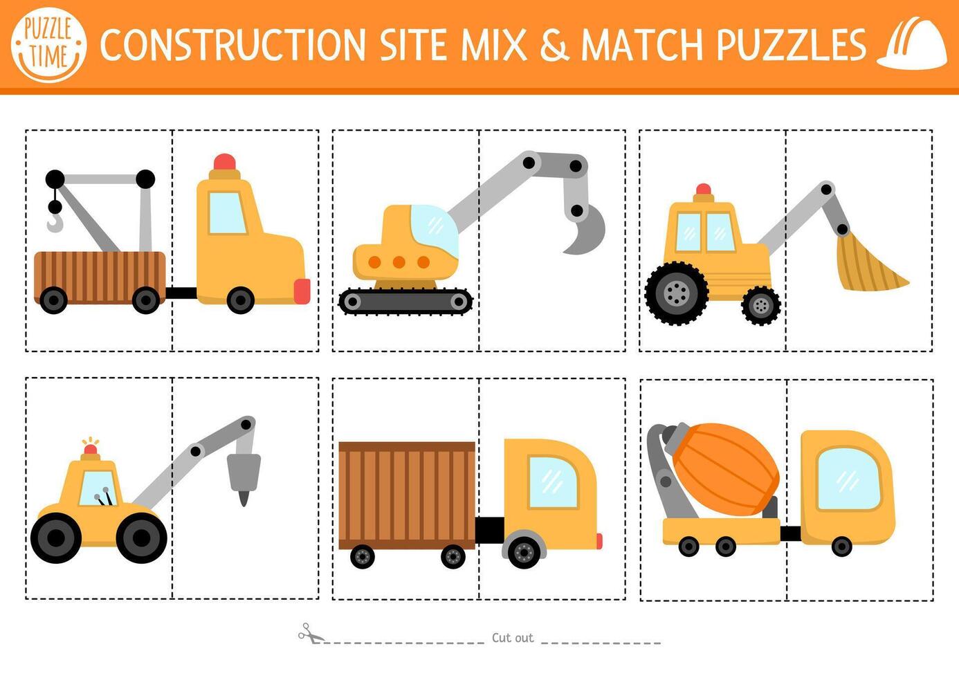 construction site mix and match puzzle with cute industrial vehicles and their parts. Matching building works activity for kids. Educational printable game with bulldozer, excavator, truck vector
