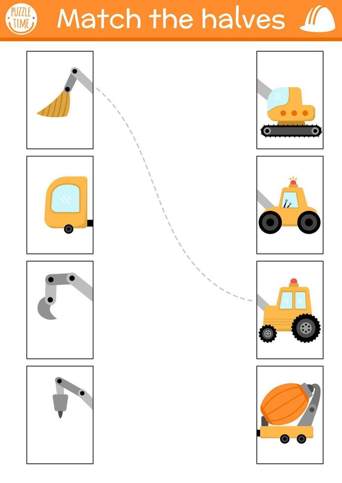 Construction site connect the halves worksheet. Building works matching game for preschool children bulldozer, concrete mixer, truck, tractor. Match back and front activity with industrial cars vector