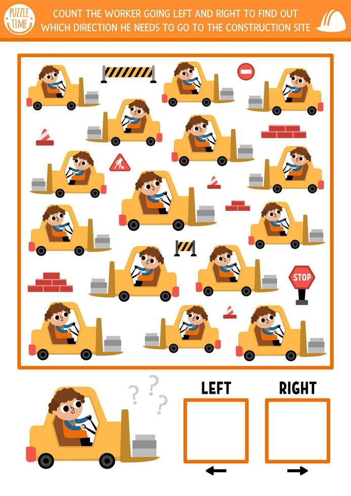 Construction site logic game with right and left concept for kids. I spy searching, counting activity with forklift car. Industrial vehicle printable space orientation worksheet for preschool children vector