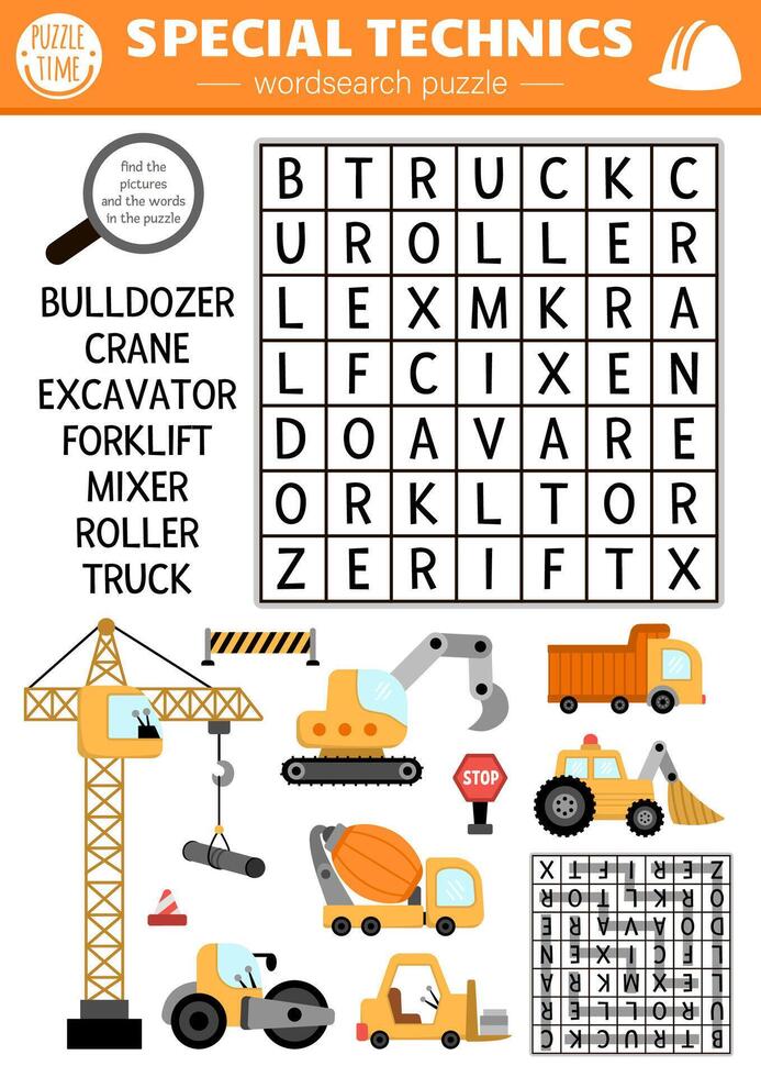 construction site wordsearch puzzle for kids. Simple word search quiz with car, truck, excavator, bulldozer, lifting crane for children. Cute educational cross word activity with industrial vehicles vector