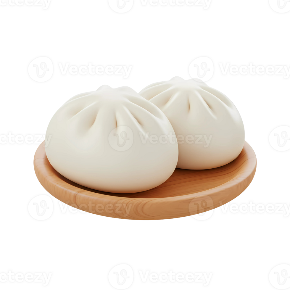 Delicious 3D Steamed Buns, Baozi, on a Wooden Plate png
