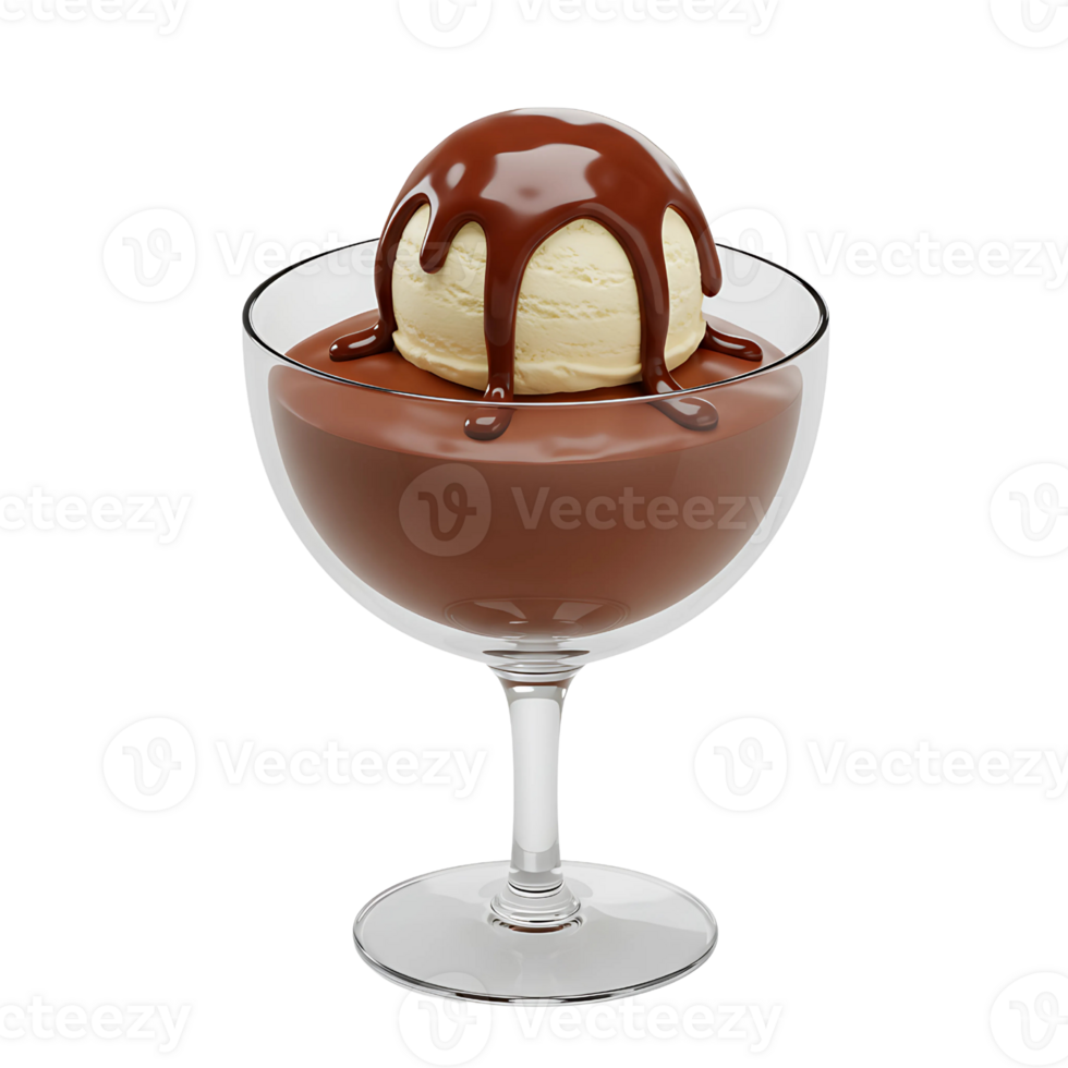 Delicious 3D Chocolate Pudding with Vanilla Ice Cream and Chocolate Sauce png
