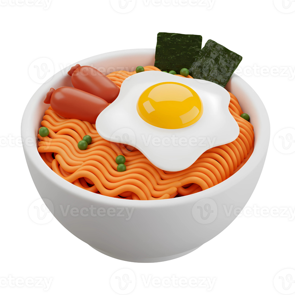 Delicious 3D Bowl of Ramen with Egg, Sausage, and Seaweed png