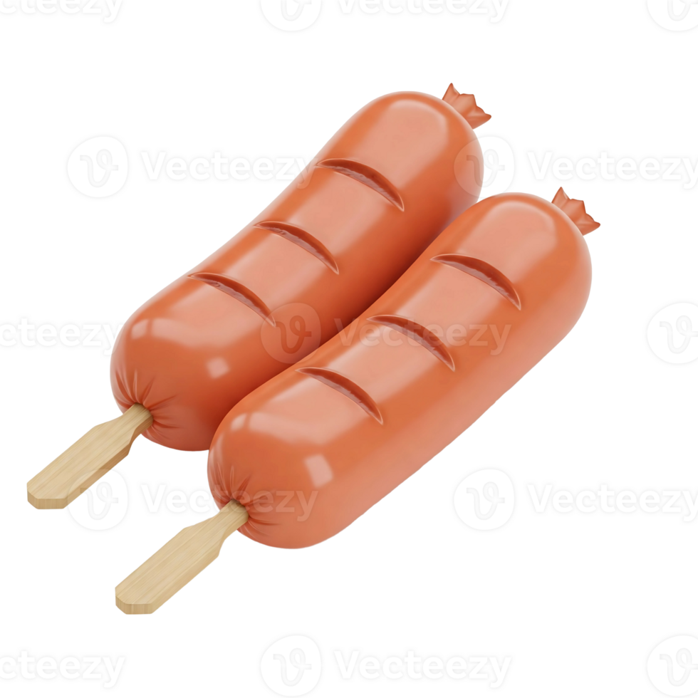 3D Rendering of Two Grilled Sausages on Sticks png