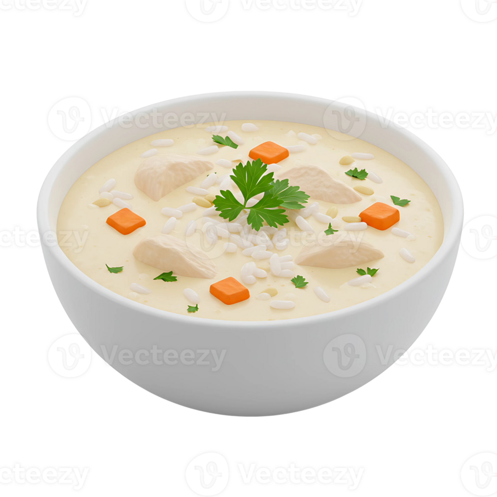 Comforting 3D Rendering of Creamy Chicken Soup with Rice and Vegetables png