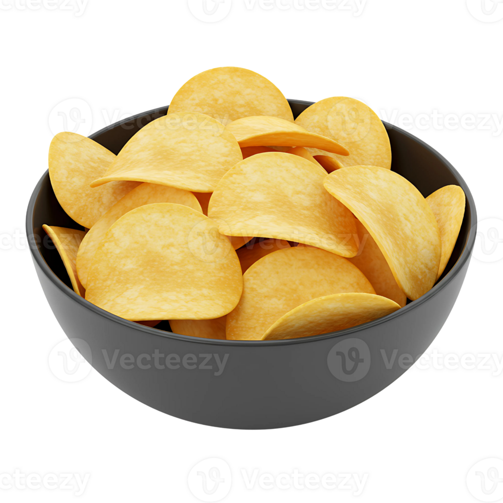 3D Rendering of Potato Chips in a Dark Bowl png