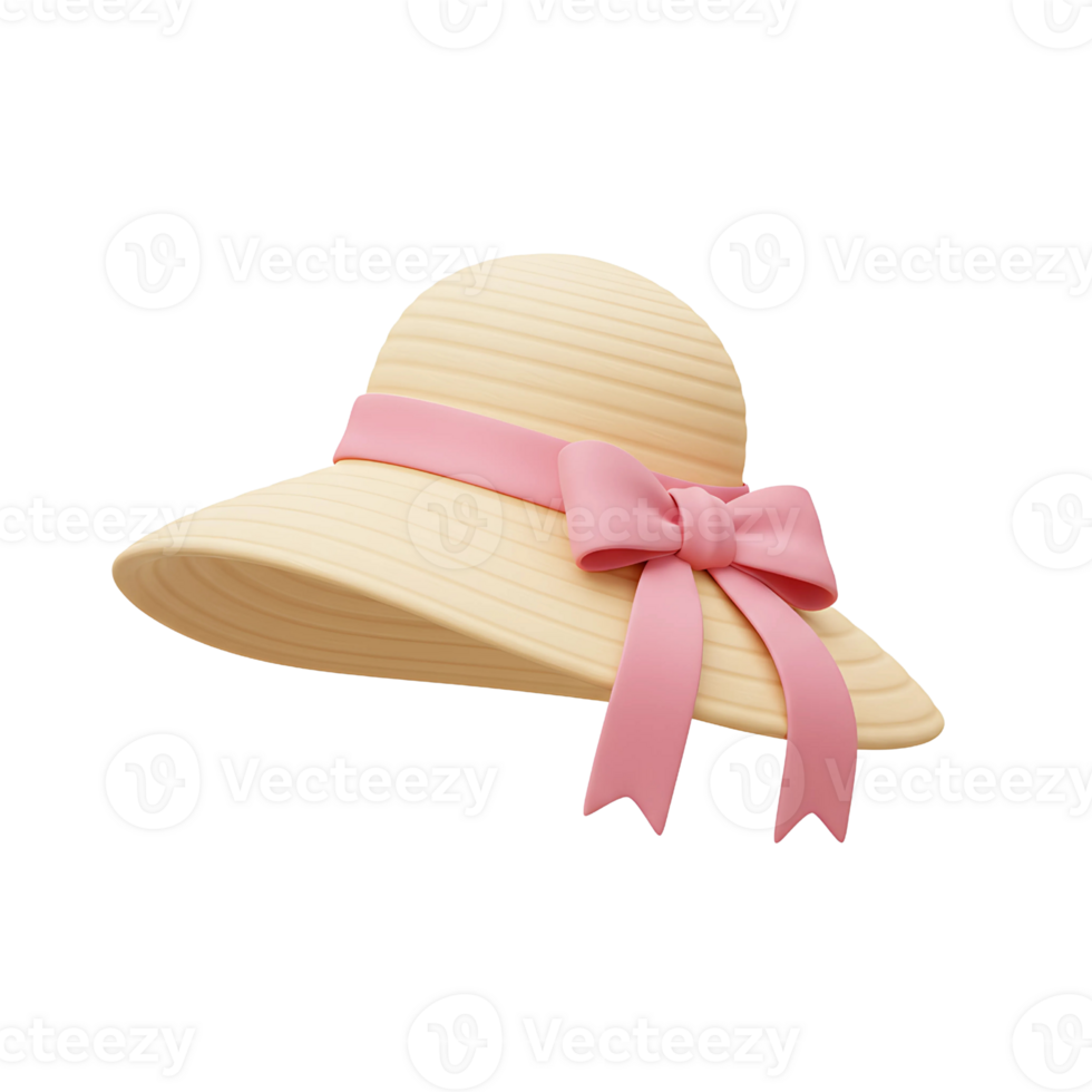 Elegant 3D Rendering of a Cream Sun Hat with Pink Bow png