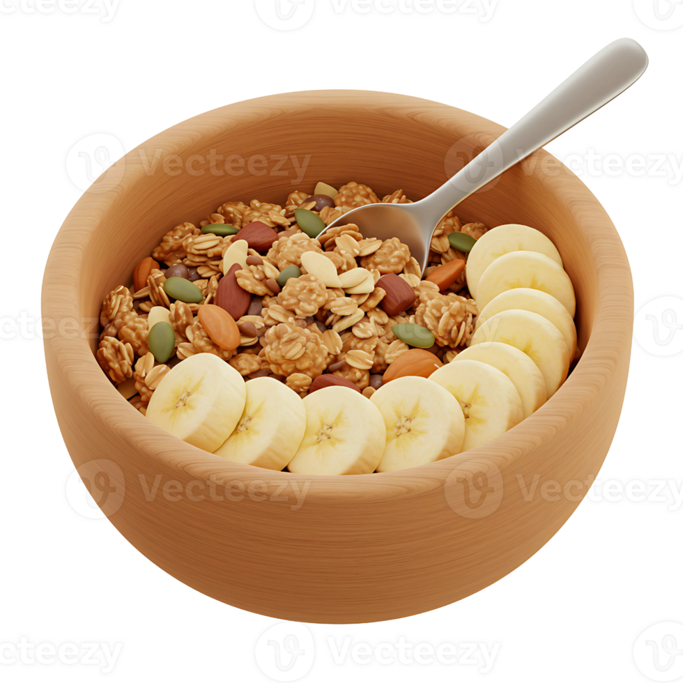 3D Rendering of Granola with Banana Slices in a Wooden Bowl png