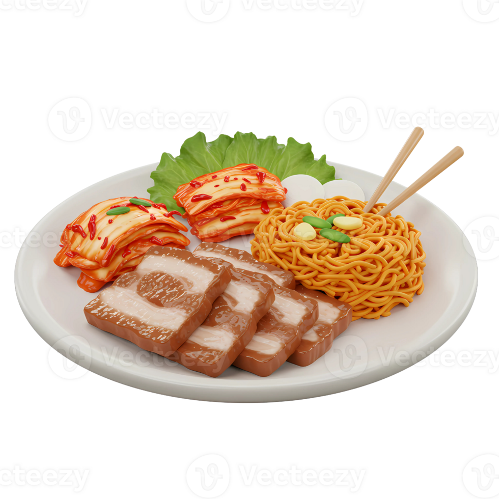 Delicious 3D Rendering of Korean Samgyeopsal Meal with Kimchi and Noodles png