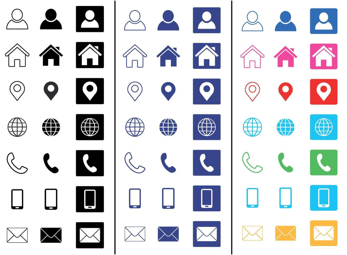 Colorful Contact Icons Set, Flat Business Card Icons. vector