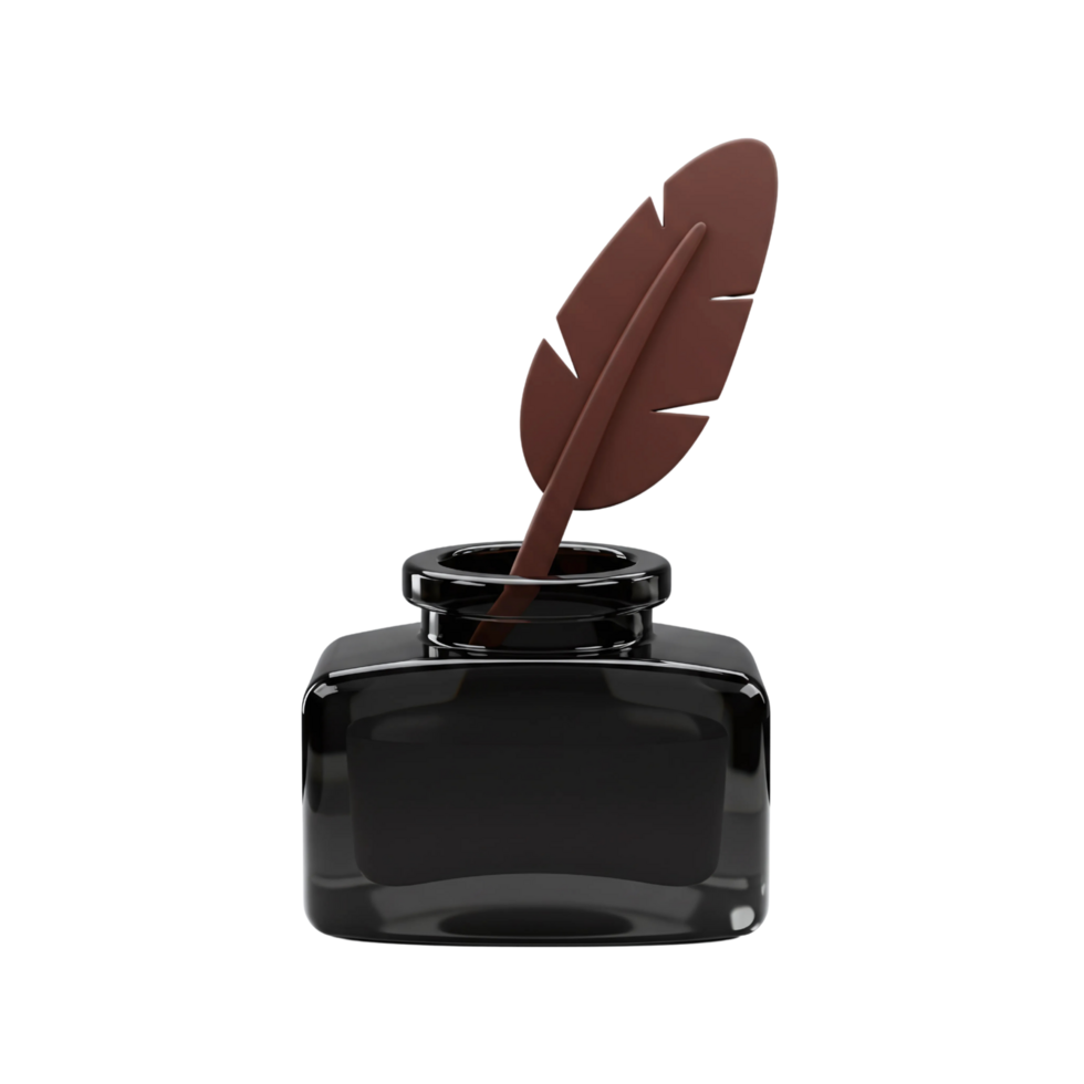 Elegant 3D Rendering of a Quill Pen in an Inkwell png