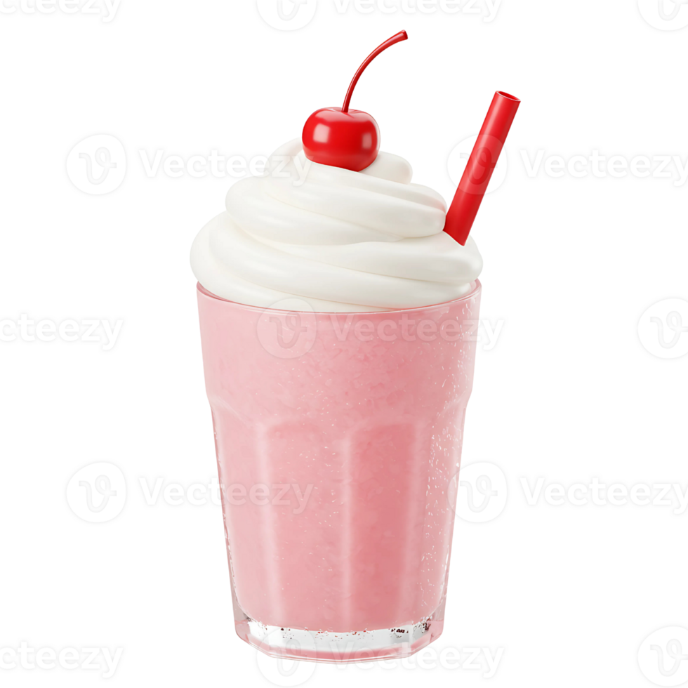 Delicious 3D Strawberry Milkshake with Whipped Cream and Cherry png