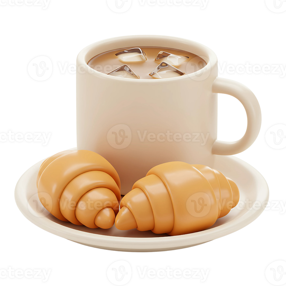 Delicious 3D Breakfast Scene - Iced Coffee and Croissants png