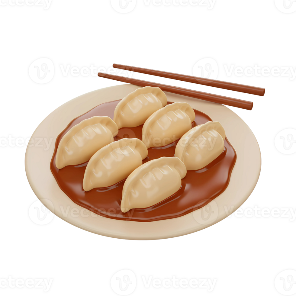 Delicious 3D Plate of Gyoza Dumplings with Sauce and Chopsticks png