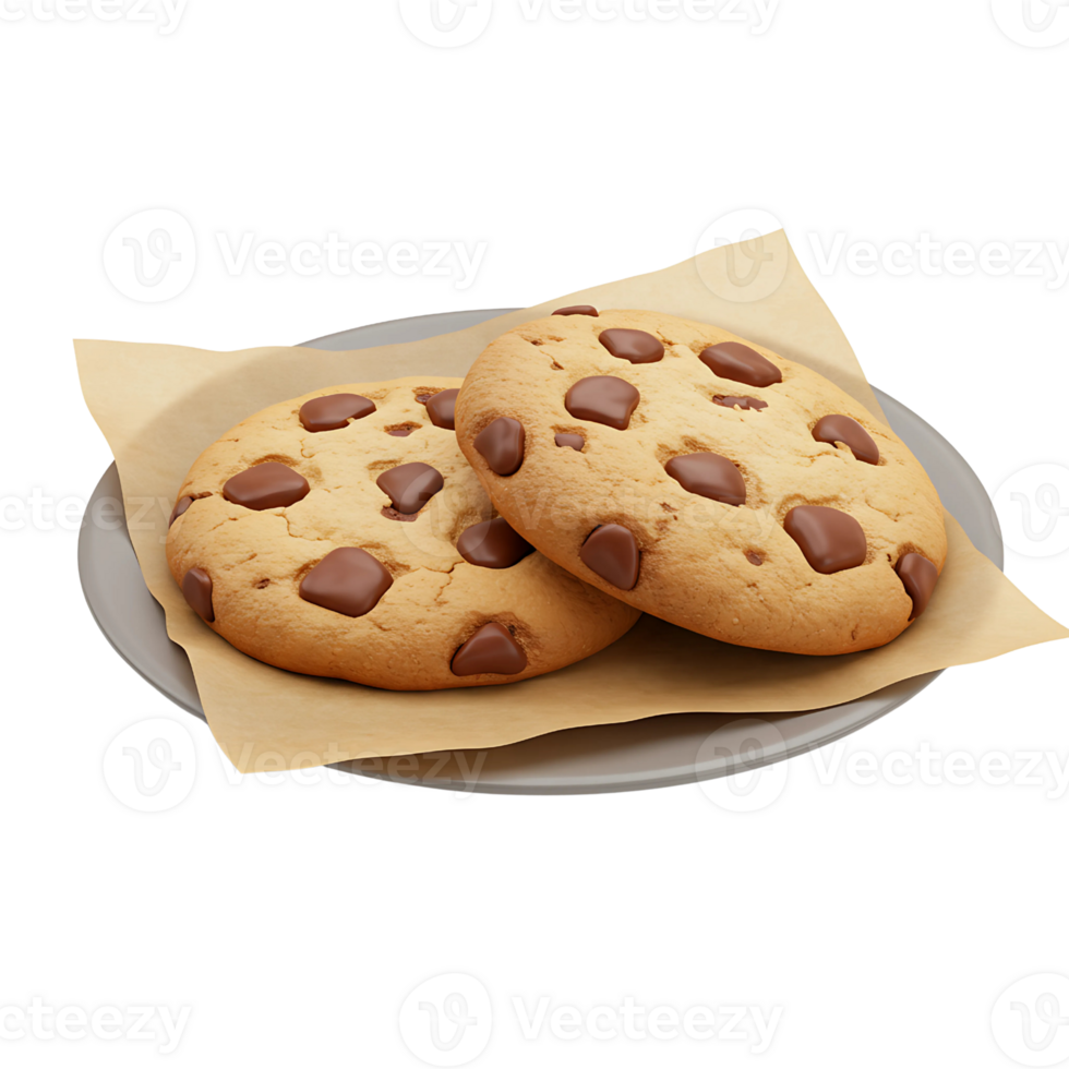 Delicious 3D Chocolate Chip Cookies on a Plate png