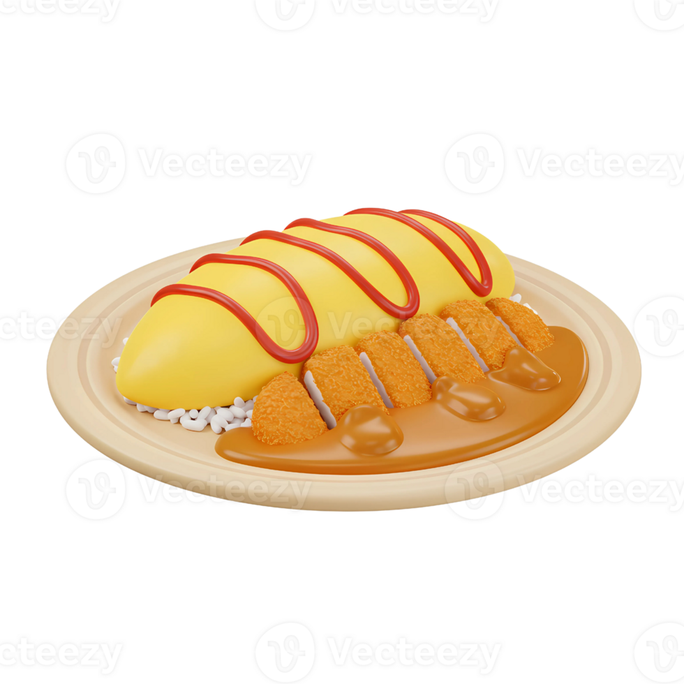 Delicious 3D Omurice with Tonkatsu and Curry Sauce png