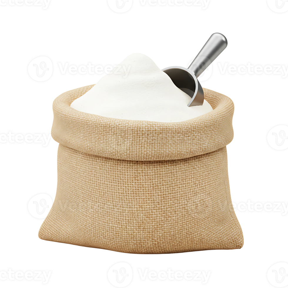 3D Rendering of a Burlap Sack Full of White Sugar with Scoop png