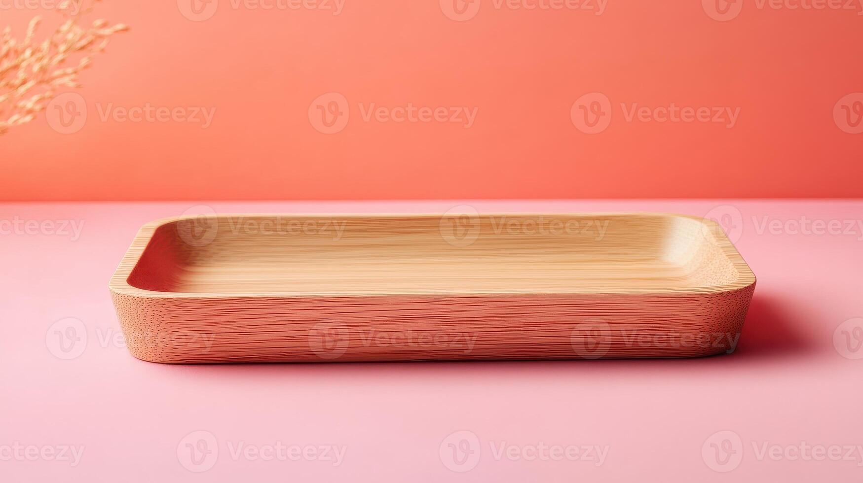 Elegant Simple Wooden Jewelry Tray on a Pastel Coral Background Perfect for Organizing and Displaying Precious Accessories photo