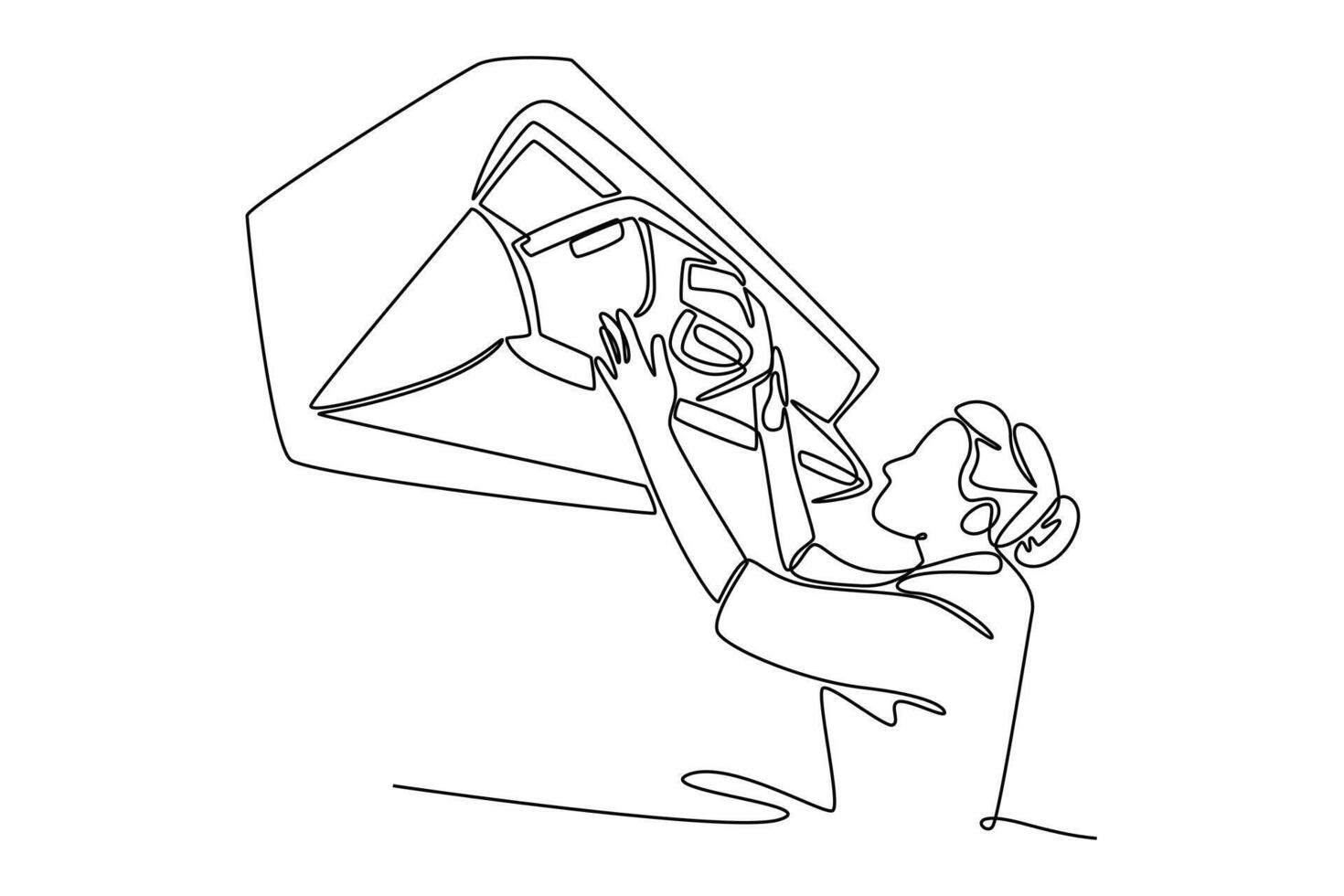 Woman flight attendant or air hostess placing travel bag in overhead baggage locker. Travel locker concept. Single line draw design. graphic illustration vector