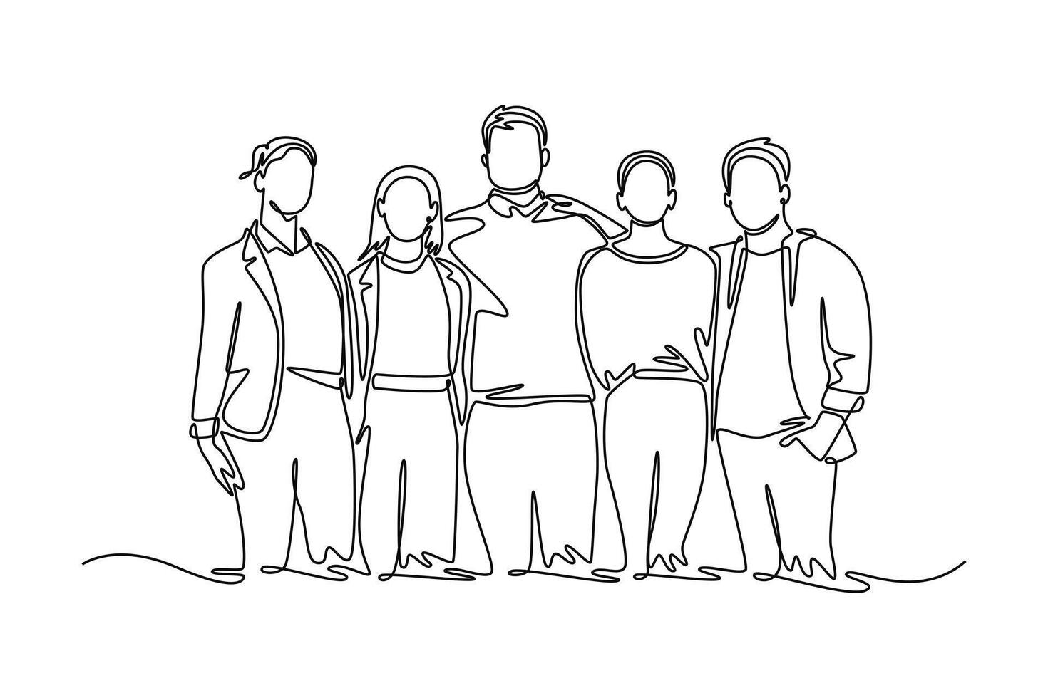 confident business people with smile, hug and team, solidarity. Community focus concept. Single line draw design. graphic illustration vector
