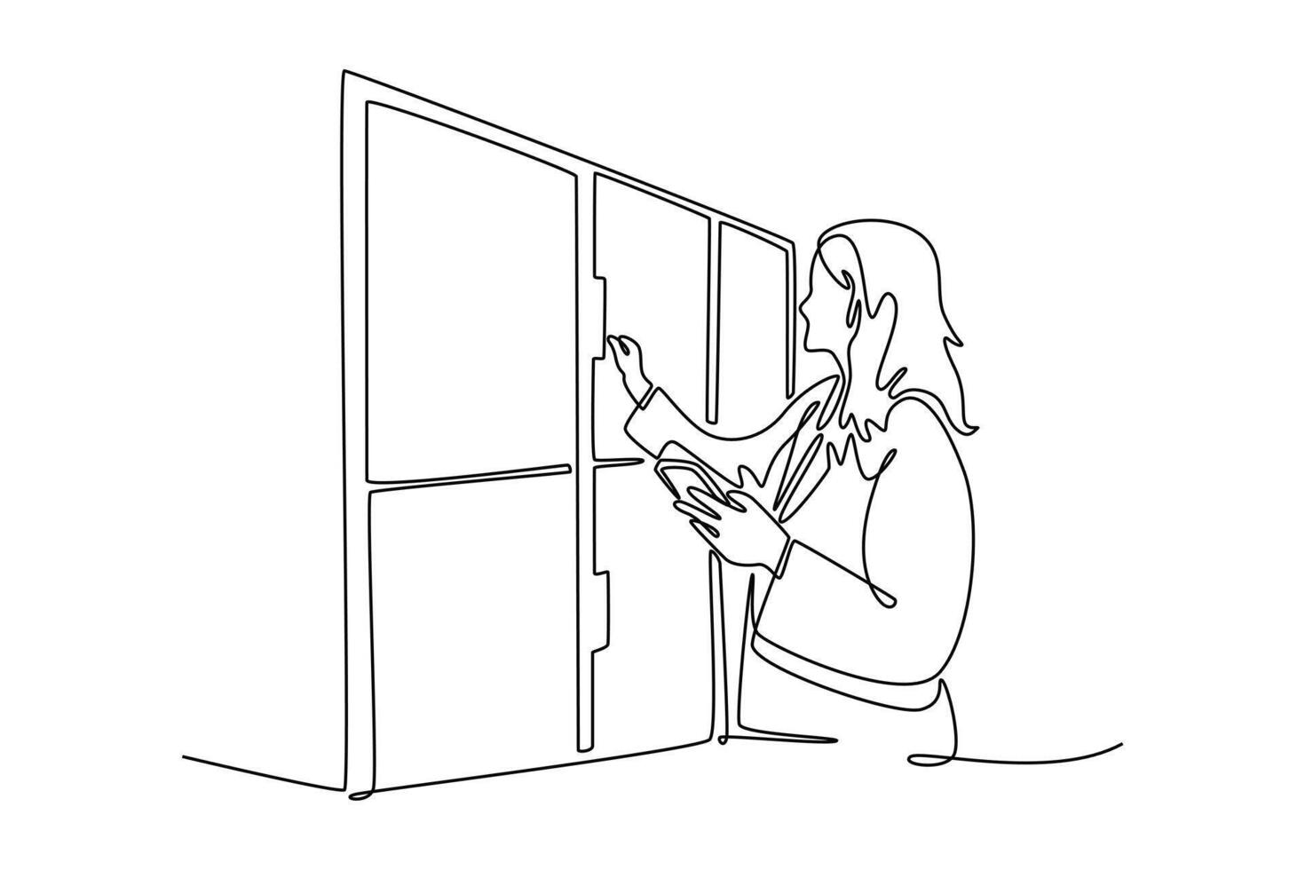 traveller woman with smart phone opens or closes a numbered storage box. Travel locker concept. Single line draw design. graphic illustration vector