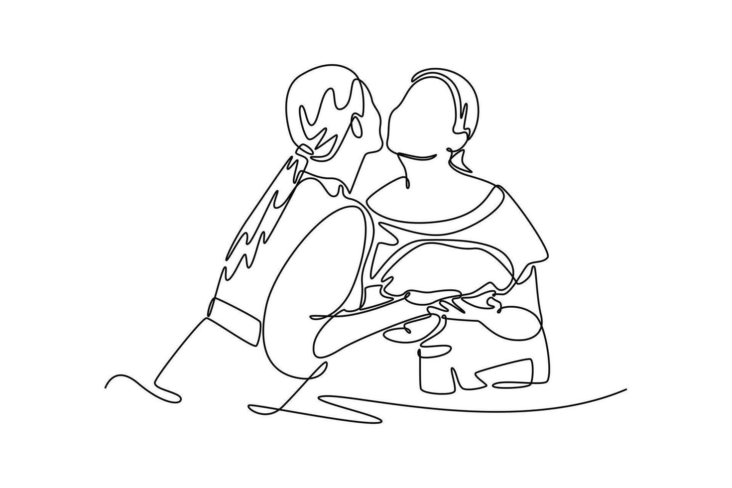 woman giving greeting kiss on cheek to female friend bringing homemade dish. Neighbor sharing concept. Single line draw design. graphic illustration vector