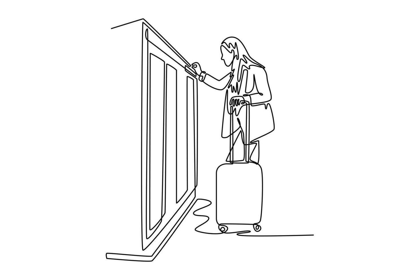 Young woman with a suitcase opening locker. Travel locker concept. Single line draw design. graphic illustration vector